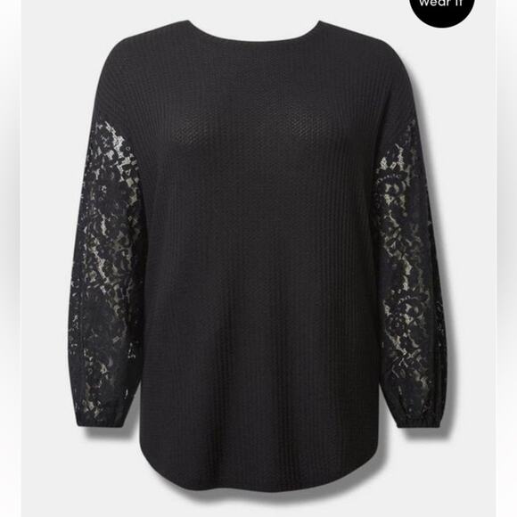 Torrid Black Waffle Crew Neck Drop Shoulder Lace Top - Picture 3 of 6